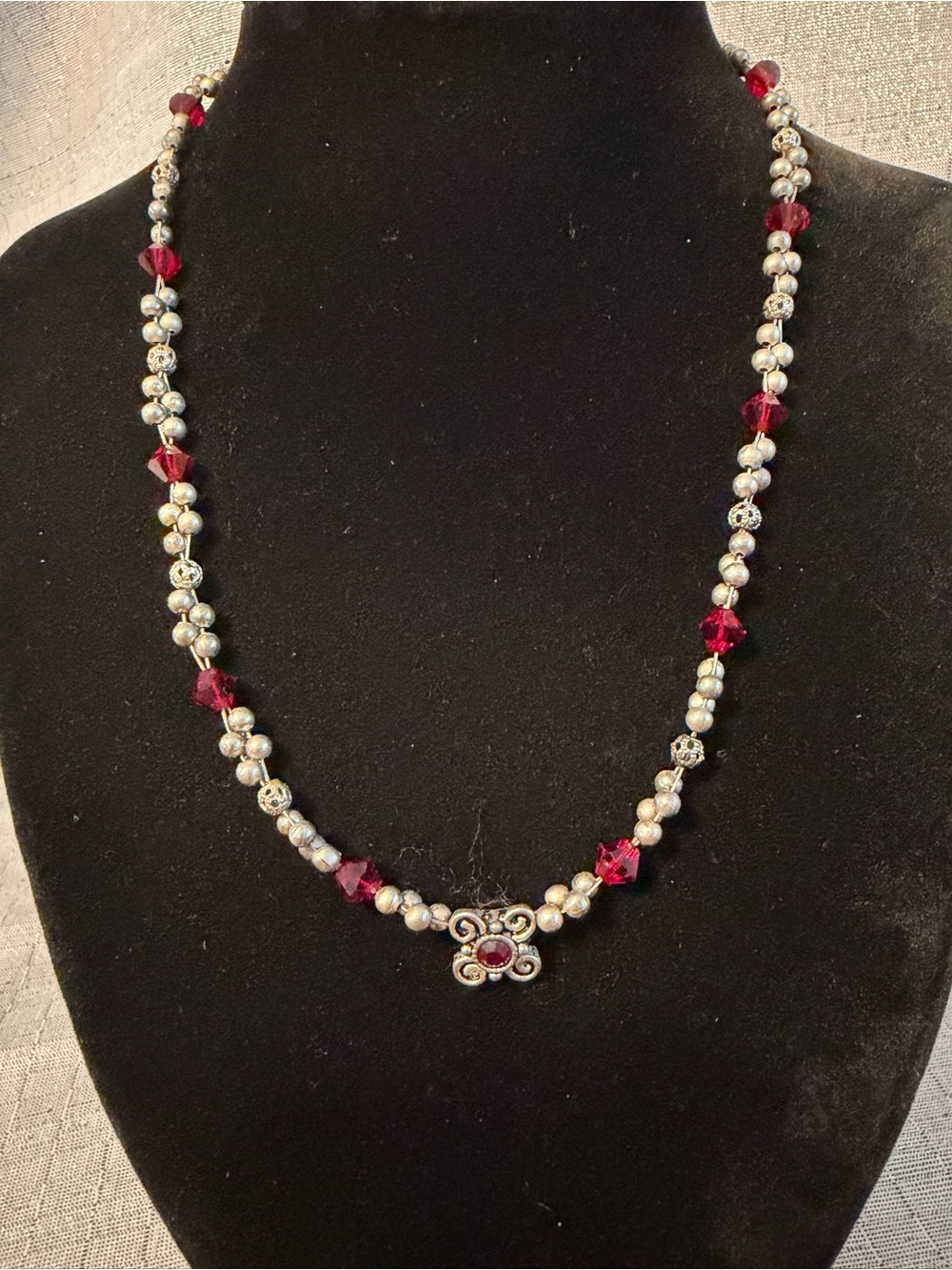 Silver-tone and Ruby Red Beaded Necklace - Women Jewelry